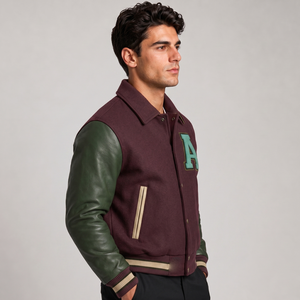 Chaqueta Varsity Azul para Hombre con Mangas de Cuero Gris, Letra H Bordada, Estilo Preppy, Corte Regular, para Otoño - Product Image 5