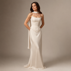 Vestido de Novia de Lujo en Satén, Estilo Moderno Vintage, Corte en A, Corsé, Cuello con Bufanda, Cordones, Largo hasta el Tobillo, Bordado, Personalizado OEM - Product Image 1