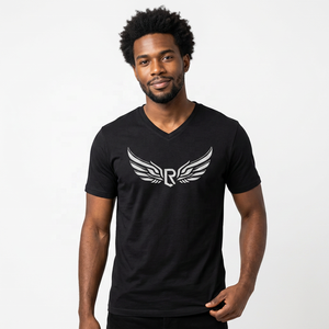 T-shirt à manches courtes pour homme, col en V, noir, avec logo argenté imprimé, style décontracté, coupe classique, jersey en coton - Product Image 3