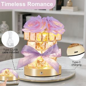 Elegante Lampada Notturna con Decorazione Floreale Viola, Base in Cristallo, 3 Colori Cangianti, Alimentazione Touch e USB, Idea Regalo Romantica - Product Image 3