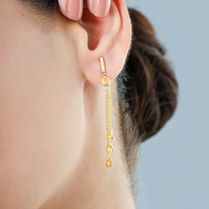 Latest Women's Design Light Weight Yellow Sapphire & <b>Diamond</b> Triple Link Chain Drop <b>Earrings</b> Real K14 Solid Gold Bulk Jewelry - Product Image 6