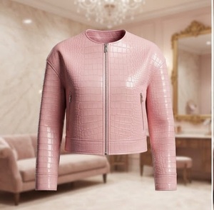 Chaqueta Bomber de Cuero PU con Estampado de Cocodrilo Rosa para Mujer, Cuello Redondo, Manga Larga, Cierre de Cremallera, Largo Regular, Otoño - Product Image 1