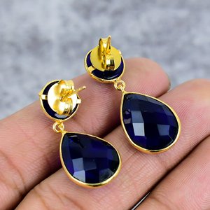 <b>Blue</b> Sapphire Gemstone 925 Sterling Silver Gold Plated Handmade Bezel <b>Stud</b> <b>Earrings</b> for Women Anniversary Gift Wedding Party - Product Image 4