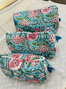Cotton Quilted Floral Hand Block Print Toiletry <b>Bag</b> Set of 3 Assorted Print & Color Cosmetic Travel Shaving Wash <b>Bag</b> Bulk Export - Product Image 1