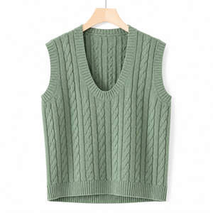 Pull sans manches en maille torsadée pour femme, col rond, couleur unie, décontracté, pour l'automne, 100 % acrylique, longueur standard, anti-boulochage - Product Image 1
