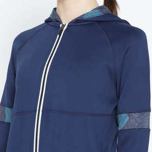 Women's Navy Blue Hooded Tracksuit Set Full Sleeve Zipper Sporty <b>Ankle</b>-Length Pants Side Pockets Breathable Polyester Spandex - Product Image 5