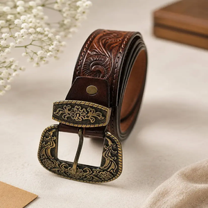 Durable Stitching Hand Carved Leaf Design Embossed <b>Brown</b> Western Leather Tooling <b>Belt</b> with Silver Plated Designer Buckle Set - Product Image 4