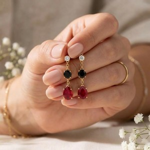 Ruby Pear Cut Black Obsidian Round <b>Earrings</b> CZ Accent Elegant Minimalist Drop Stud <b>Dangle</b> Jewelry Sterling <b>Silver</b> Gold Filled - Product Image 6