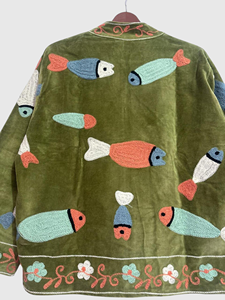 Veste en velours à col mandarin brodée à la main avec motif de poisson, manches longues, style blouson, pour adulte, à porter en automne - Product Image 4