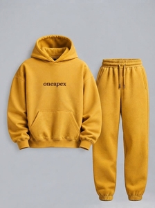 Men's Oversized <b>Yellow</b> <b>Hoodie</b> Tracksuit Set Heavyweight Cotton Jogger Sweat Suit Streetwear Custom Private Label - Product Image 4