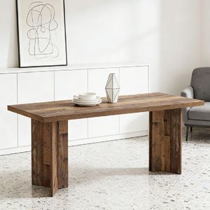 Table à manger rectangulaire en bois massif avec plateau en pierre frittée marbrée, finitions en bois, assemblée - Product Image 5