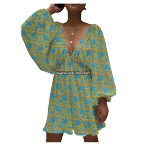 Vestido de Algodón Estampado a Mano de Alta Calidad con Cuello en V Profundo y Mangas Farol para Boda, ¡Gran Venta en Estilo Casual! - Product Image 2