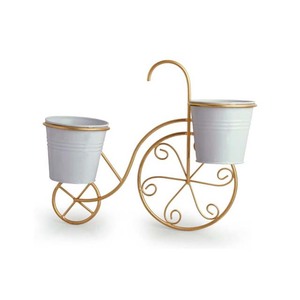 Vintage Metal Flower Cart Planter <b>Stand</b> with Gold Plated Frame and White <b>Pots</b> for Indoor Outdoor Garden Use - Product Image 1