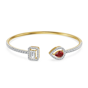 Luxury 18K Gold Cuff <b>Bracelet</b> With Emerald Cut Diamond And <b>Red</b> Gemstone Women's Wedding Jewelry - Product Image 1
