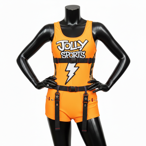 ชุดว่ายน้ำโพลีเอสเตอร์สแปนเด็กซ์คุณภาพสูง สีส้ม แต่งแถบสีดำ พร้อมโลโก้แบบซับลิเมชั่นตามสั่ง สำหรับผู้หญิง - Product Image 6