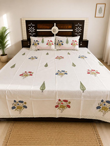 Hand Block Print <b>King</b> <b>Size</b> Cotton Bed <b>Sheet</b> White Floral Bedding Set with Pillow Covers Jaipur Handmade Indian Boho Bedroom - Product Image 1