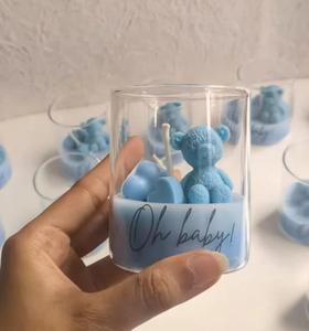 ชุดของขวัญเทียนคริสต์มาสลายดอกไม้สีชมพูรูปหมีเท็ดดี้สีน้ำเงินแบบทำมือ |   เทียนหอมกลิ่นวานิลลาทำมือจากถั่วเหลือง ไร้ควัน ติดทนนาน - Product Image 1