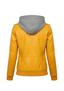 Veste de moto jaune en cuir PU pour femme avec capuche et intérieur doublé, et pantalon assorti - Product Image 2