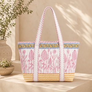 Bolso Tote de Algodón Acolchado con Estampado Floral Hecho a Mano, Cierre de Cremallera, Bordado, Bolso de Hombro Grande Estilo Jaipur para Mujer - Product Image 2