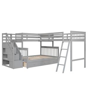Letto a castello a L grigio con letto singolo sopra e letto matrimoniale, 3 cassetti e scaletta, mobili per bambini con scala - Product Image 4