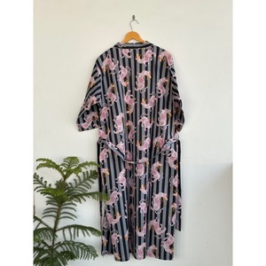 Printed <b>Animal</b> <b>Pattern</b> Breathable V-neck Belt Kimono Robe Maxi Length Loose Fit Long Sleeve 100% Cotton 300g <b>Knitted</b> Cover-Up - Product Image 6