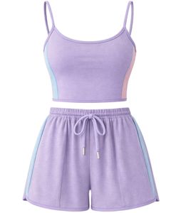 Lavender Women Camisole And Shorts <b>Set</b> Summer Two Piece Outfit Cotton Blend Crop Top Drawstring Shorts Casual Lounge Wear <b>Set</b> - Product Image 1