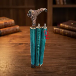 ไม้เท้าหัวสิงโตแกะสลักโบราณ หุ้มหนังสีเขียว รูปทรงกลม ของตกแต่งบ้าน - Product Image 6