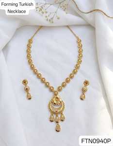 Women's Brass 18K Gold Plated Turkish Long Haram Necklace <b>Set</b> Lock Design Bridal Traditional Wedding Engagement Party Trendy - Product Image 1