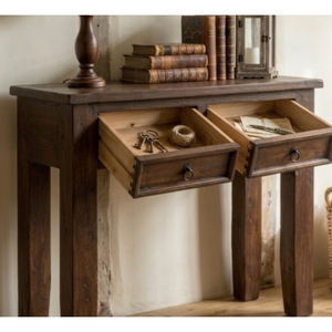 Indian Style Brown Color Natural Two Drawers Rustic Style Mango Solid Wood Antique <b>Wall</b> Side Console <b>Table</b> - Product Image 2