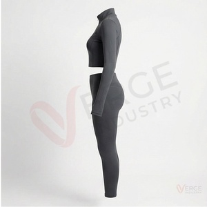 Ensemble de yoga 2 pièces gris foncé pour femme : haut court zippé à manches longues et leggings taille haute - Product Image 3