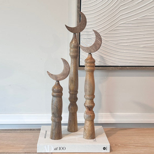 Handcrafted Wooden Moon Finial Stand Set For <b>Rustic</b> <b>Home</b> & Eid <b>Decoration</b>. Elegant Turned Pillars, Unique Tabletop Accents - Product Image 3