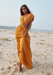 Robe longue minimaliste pour femme en gaze de coton orange, col en V profond, style bohème, respirante, légère, imprimé floral, idéale pour l'été et la plage - Product Image 5