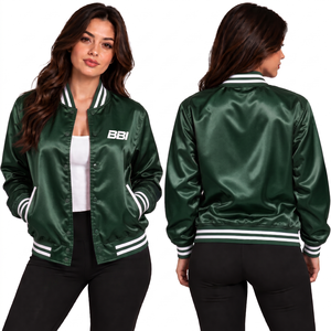 Chaqueta Varsity de Punto Satinado Azul Bebé Personalizada para Mujer, Cierre de un Solo Botón, Exterior Impermeable de Poliéster para Invierno, Ribete Blanco - Product Image 2