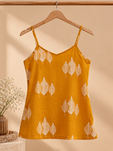 <b>Women's</b> Mustard <b>Yellow</b> Spaghetti Strap Tank <b>Top</b> With Leaf Print Casual Breathable Cotton Linen Blend Spring Summer Wear - Product Image 2