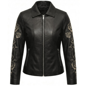 Chaqueta de Motocicleta de Cuero Genuino para Mujer con Bordado Floral, Cierre de Cremallera en Manga Larga, Cuello Camisero, Estilo Otoñal - Product Image 1