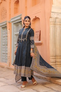 Designer Steel <b>Grey</b> Cotton Anarkali <b>Suit</b> Set with Flared Kurta Coordinated <b>Trousers</b> and Ethnic Printed Dupatta for Ladies - Product Image 3