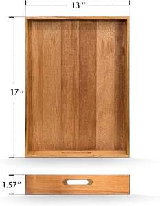 Plateau de service en bois d'acacia avec poignées, plateaux décoratifs pour le petit-déjeuner à la maison - Product Image 4