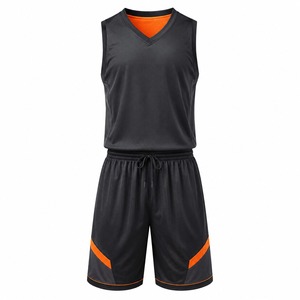 Ensemble de maillots de basket-ball unisexe noir et orange, manches courtes, col en V, maille respirante, nom d'équipe personnalisé, impression par transfert thermique - Product Image 1
