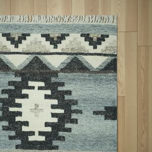 Alfombra Kilim de Lana Hecha a Mano, Azul Gris Marfil Abstracto |   Alfombra Ecológica de Tejido Plano para Sala de Estar y Hotel - Product Image 3