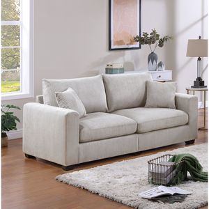 Set Divano Classico a 2 Pezzi in Velluto a Coste Avorio per Soggiorno, con Braccioli Quadrati e Divanetto Imbottito con Cuscini - Product Image 3