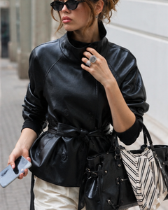Black PU Leather Crew Neck Hooded Jacket Adjustable Waist <b>Belt</b> Regular Sleeve Solid Color <b>Slim</b> Fit Breathable Quick Dry - Product Image 6