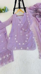 2026 O-Neck Solid Woven Currency Silk Cute 3-Piece Knee-Length Work Kurti Plazzo Dupatta Full Sleeves Waist <b>Elastic</b> <b>Belt</b> - Product Image 6