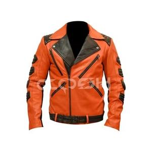 Chaqueta de Motociclista Estilo Punk Retro, Chaqueta Urbana de Cuero Naranja y Negro de Alta Visibilidad con Diseño de Armadura - Product Image 1