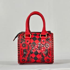 Luxury Red Leather Mini Speedy <b>Bag</b> Floral Pattern Checkerboard Design Zipper Closure Durable - Product Image 1