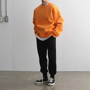 <b>Men</b> Oversized Crew Neck Pullover <b>Sweatshirt</b> Solid Color <b>Orange</b> Knitted Cotton Casual Autumn Wear - Product Image 1