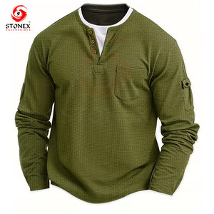 เสื้อเชิ้ตเฮนลีย์ผ้าวาฟเฟิลผู้ชาย แขนยาว แฟชั่นลำลอง มีกระเป๋าตัดสี สำหรับฤดูใบไม้ร่วงและฤดูหนาว - Product Image 1