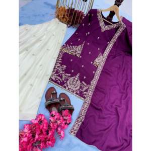 Bel ensemble Plazzo & Dupatta en soie de chinon pur pour femmes pour la fête Look lourd - Product Image 3