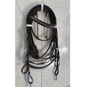 Conjunto de Brida para Caballo de PVC Marrón y Azul con Tachuelas Metálicas Biothene, Cabezalera y Correa de Nariz con Riendas a Juego, Impermeable, en 4 Tamaños - Product Image 1
