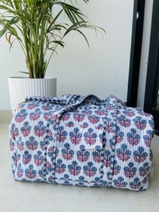 Hand-Block Printed White Floral Quilted Duffle Bag <b>Handmade</b> Cotton Luxury Sport Portable Travel Bag Indian Weekender Zipper - Product Image 2