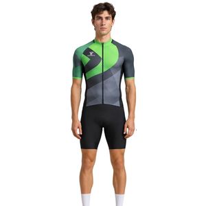 Maillot de Ciclismo de Manga Corta para Hombre, Verde Gris Geométrico, con Cierre Completo, de Alto Rendimiento para Bicicleta de Carretera - Product Image 1